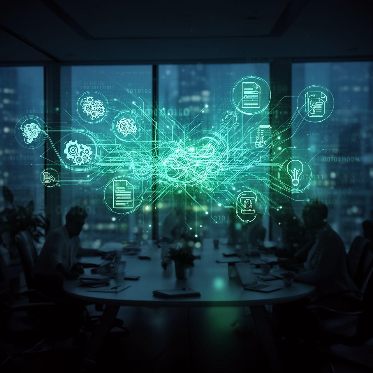 Futuristic holographic visualization of AI neural networks connecting business operations